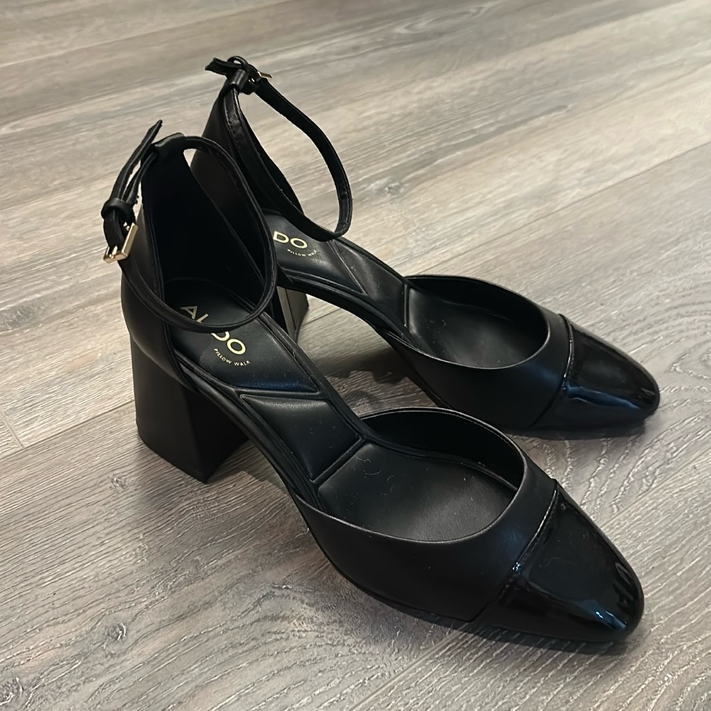 ALDO patent toe black block heels